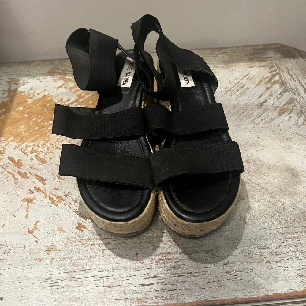 Steve Madden Kacia Black Elastic Espadrille Wedge Sandals Platform KCIK01S1 8.5M